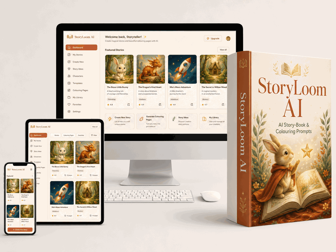 StoryLoom AI — on desktop, tablet, phone and as a product box